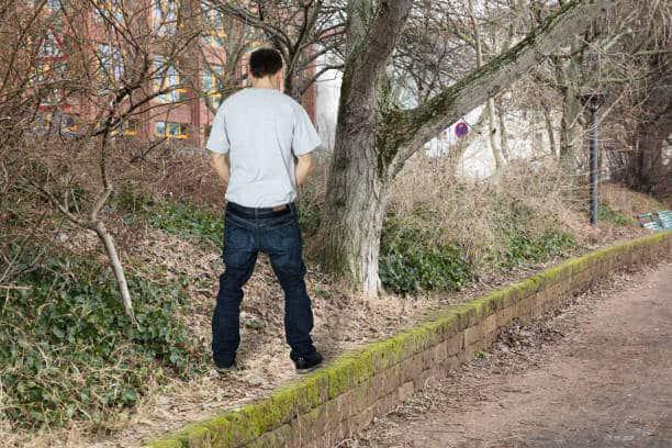 Rear View Of A Man Peeing Outside